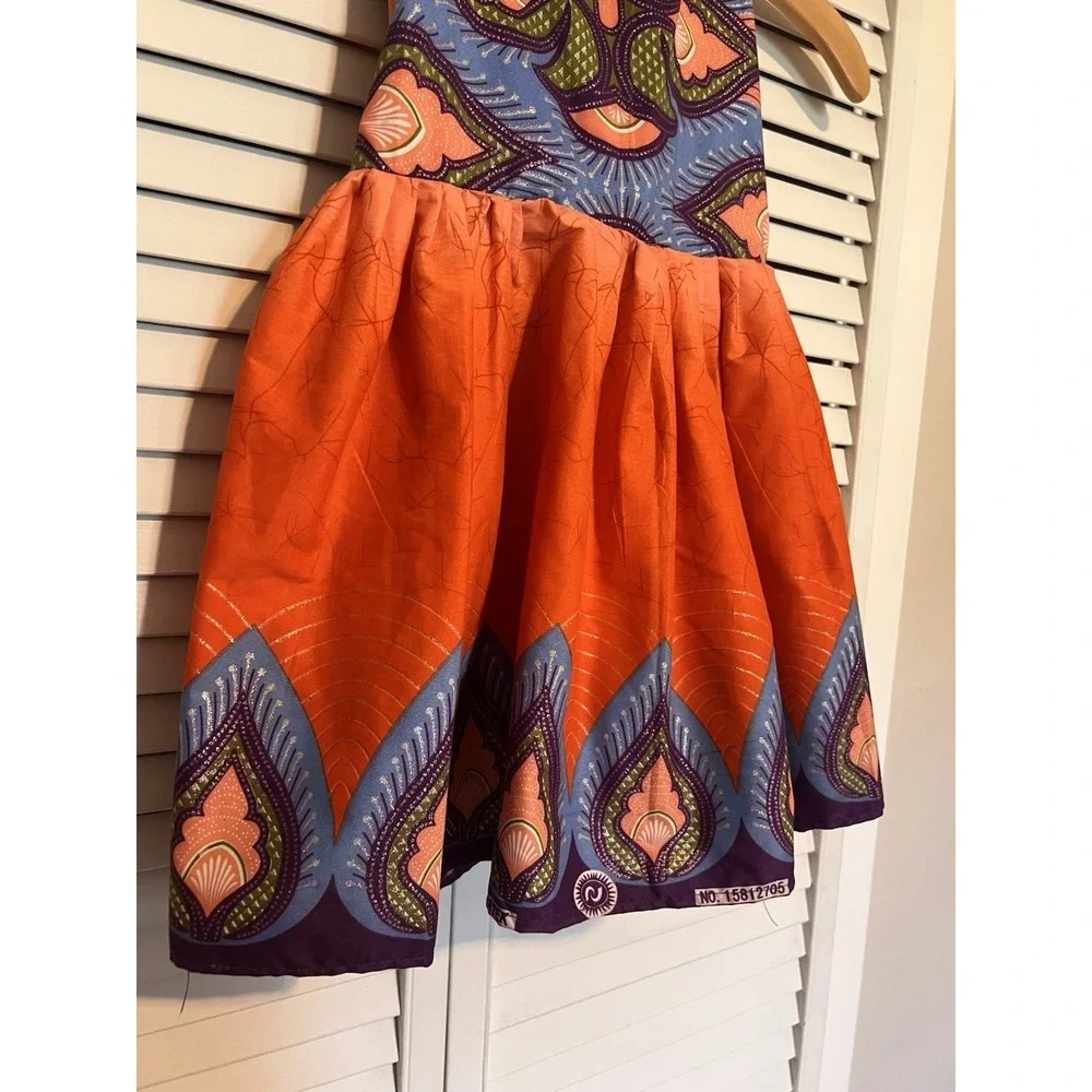 NIGERIAN AFRICAN Kids Girls Dress Size 4T Handmade Aline Sleeveless Orange Blue